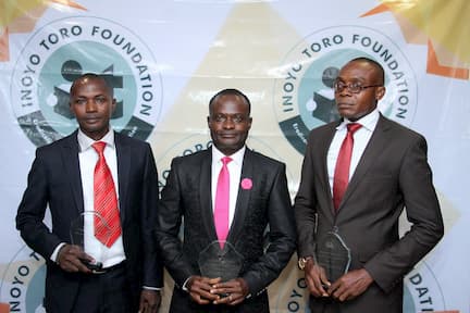 AWARDED TEACHERS IN CHEMISTRY. FROM RIGHT 1ST PLACE WINNER GABRIEL UKPABIO, 2ND PLACE GODWIN AKPAN, 3RD PLACE FRANCIS WILLIE