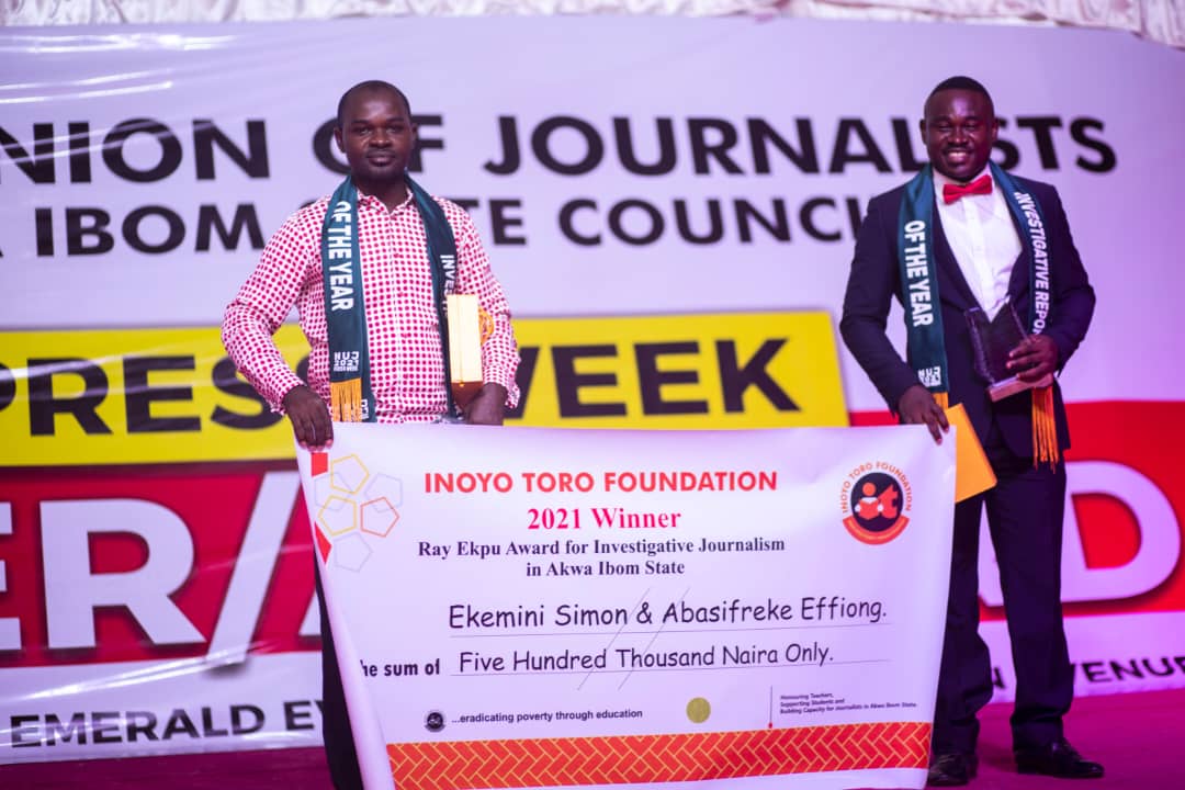 Ekemini Simon and Abasifre Effiong - Winners of the maiden edition of the Ray Ekpu Prize for Investigative Journalism